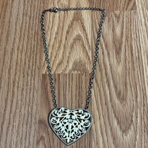 VINTAGE FILIGREE IVORY LARGE HEART RHINESTONE COLLAR PENDANT 19" NECKLACE